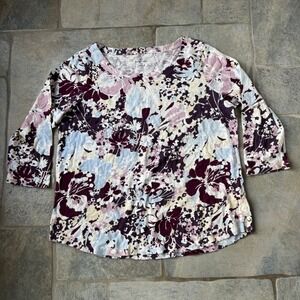 Lands' End‎ Women's XL Floral 100% Cotton 3/4 Sleeve Scoop Neck Top